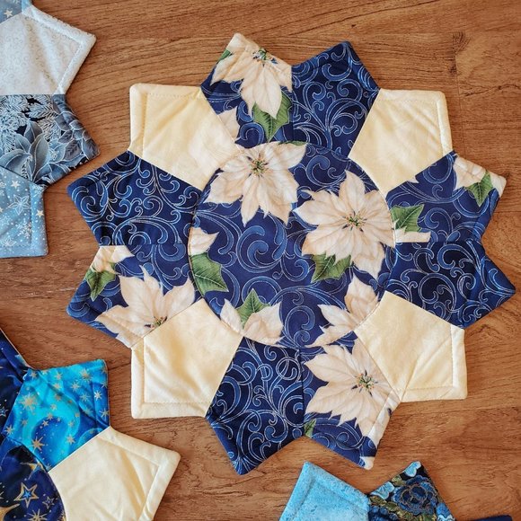 Handmade Quilted Hot Pads / Table Mats / Placemats, Set of 4, Blue Cream Silver - Picture 4 of 7